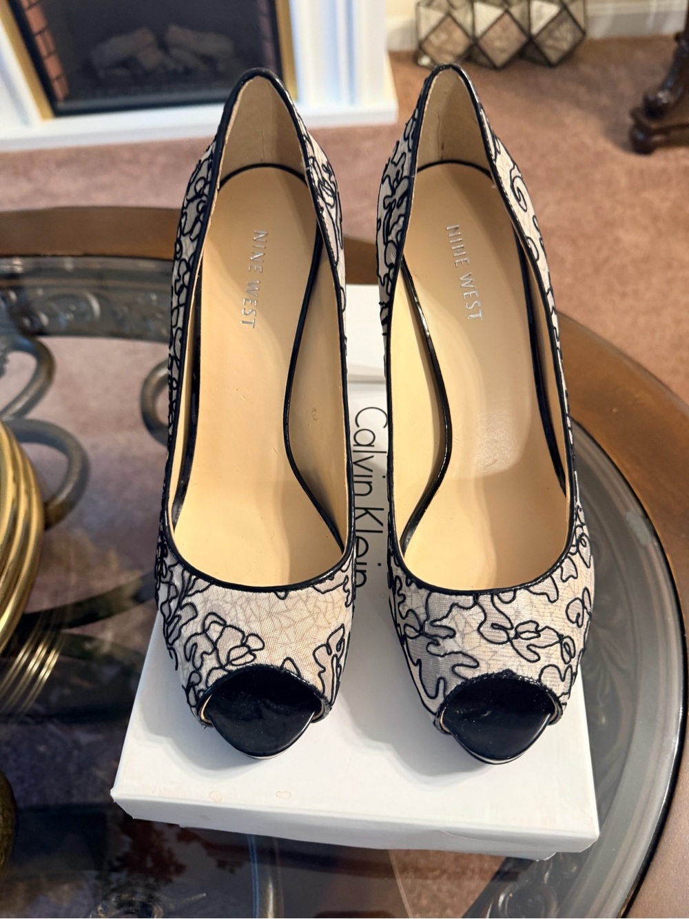 Calvin Klein Black and Cream Floral Peep-Toe Heels